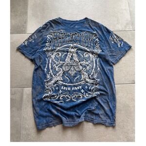 Vintage Y2K Affliction Mens L AOP Blue Graphic T-Shirt Gothic Grunge
